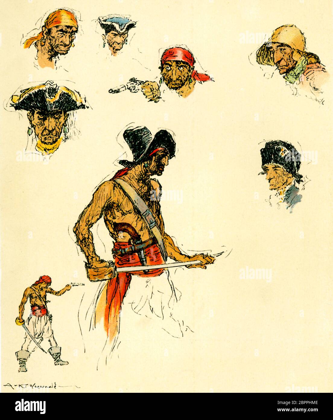 Bocetos piratas, retratos y figuras de bucaneros típicos de aspecto medio de los primeros días de la piratería en el Meno Español, cutlasses y flintlocks listos para la acción Foto de stock