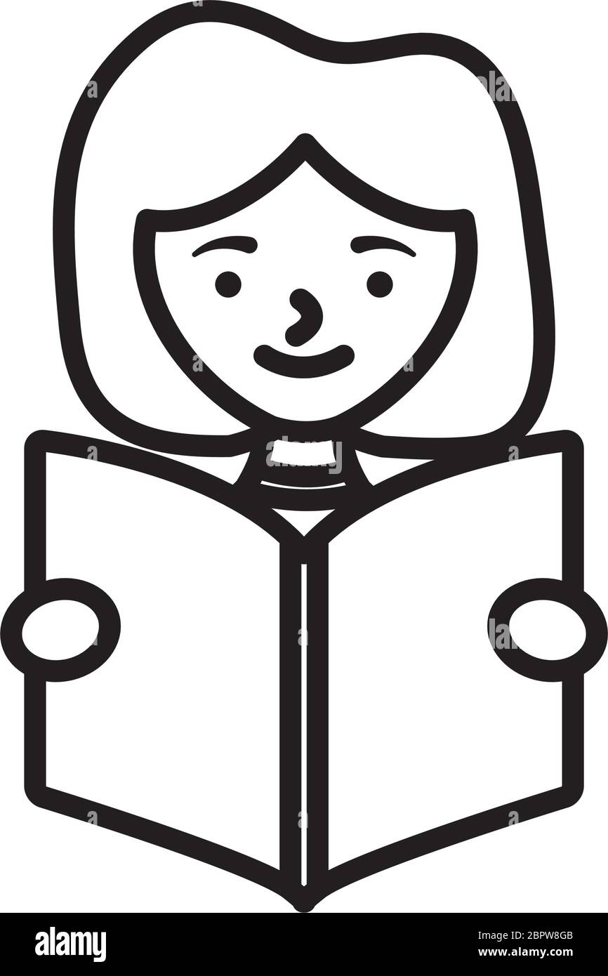 mujer de dibujos animados leyendo un libro sobre fondo blanco, estilo