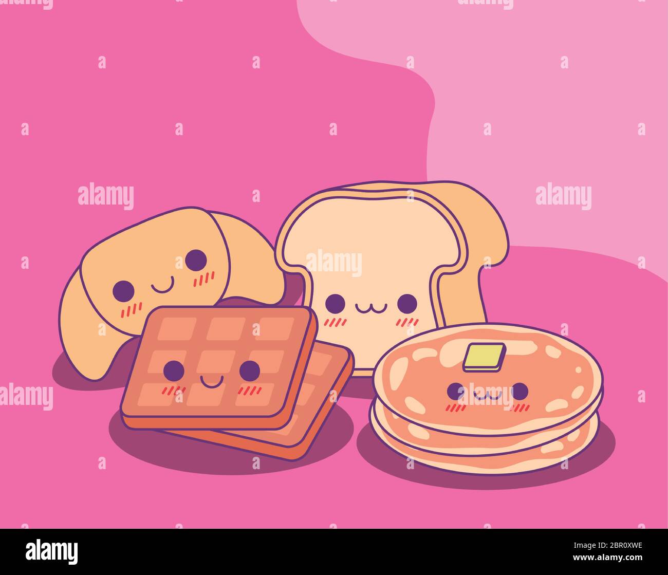Pan waffle y panqueques diseño, comida Kawaii lindo personaje emoticono  tema ilustración vectorial Imagen Vector de stock - Alamy