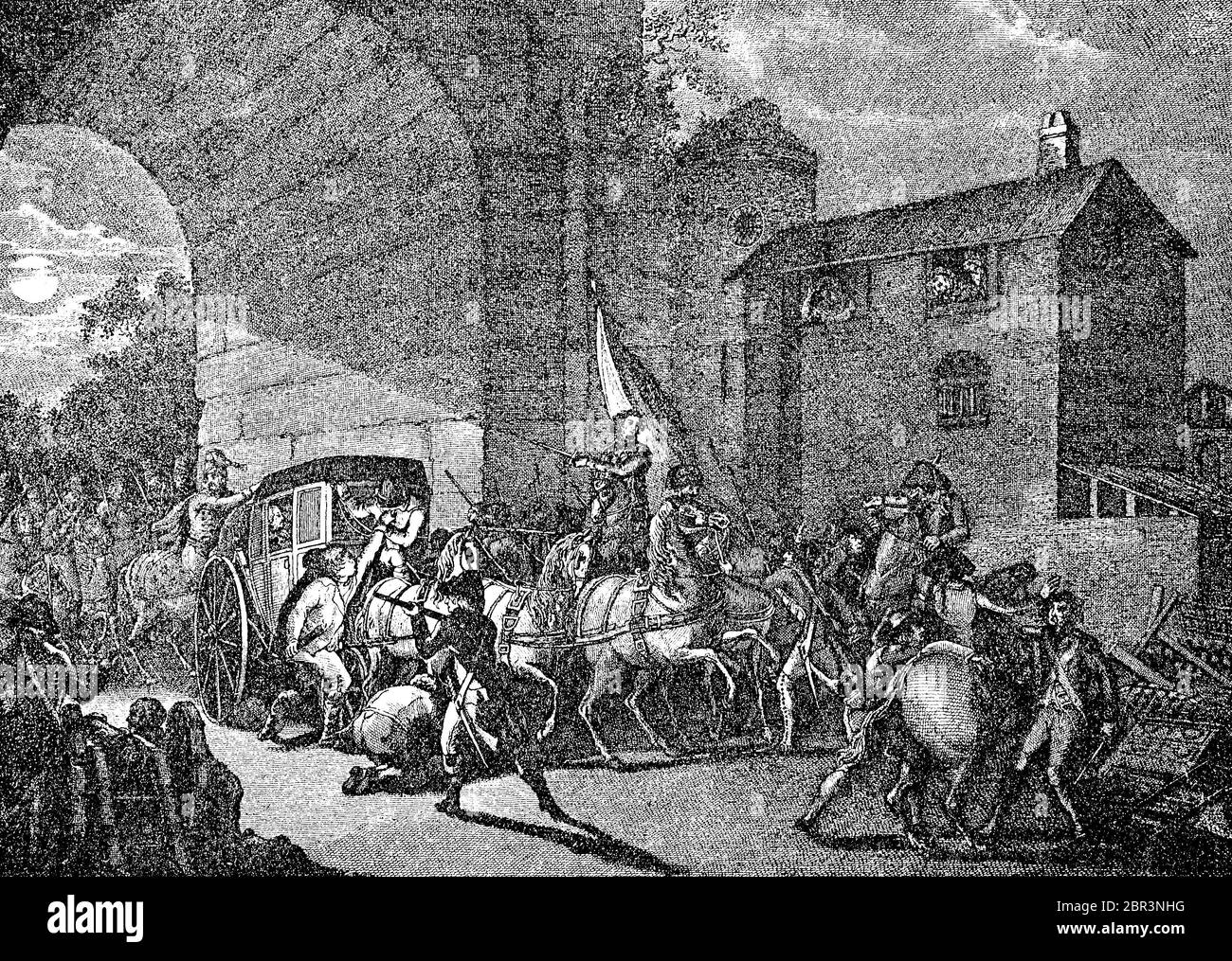 La detención del rey ante el puente de Varennes el 21 de junio de 1791 huida del rey, Revolución Francesa / Die Anhaltung des Königs vor der Brücke von Varennes am 21. Juni 1791, Flucht des Königs, Französische Revolution, Historisch, histórica, digital mejora la reproducción de un original del siglo 19 / digitale Reproduktion einer Originalvorlage aus dem 19. Jahrhundert, Foto de stock
