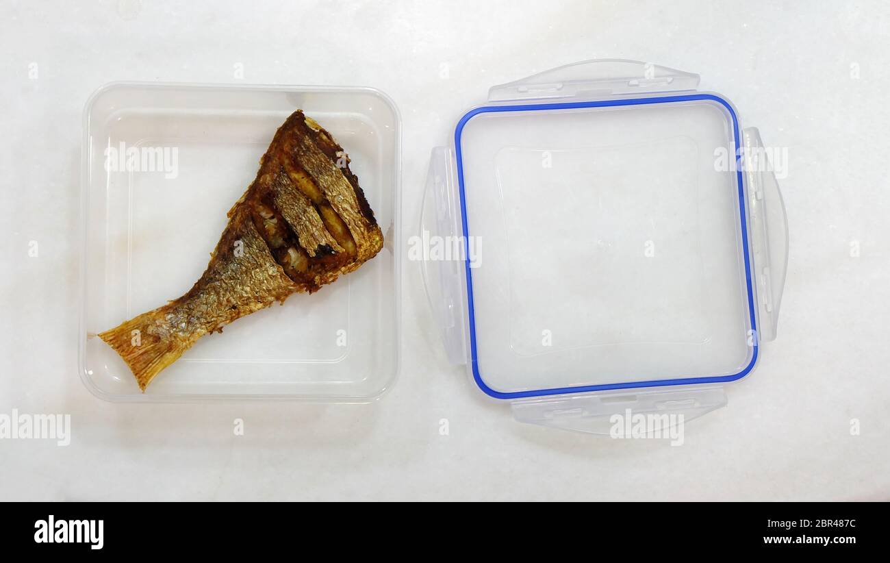El extremo de la cola de un pez fusilier frito, colocado en un recipiente de plástico, con la tapa al lado. Foto de stock