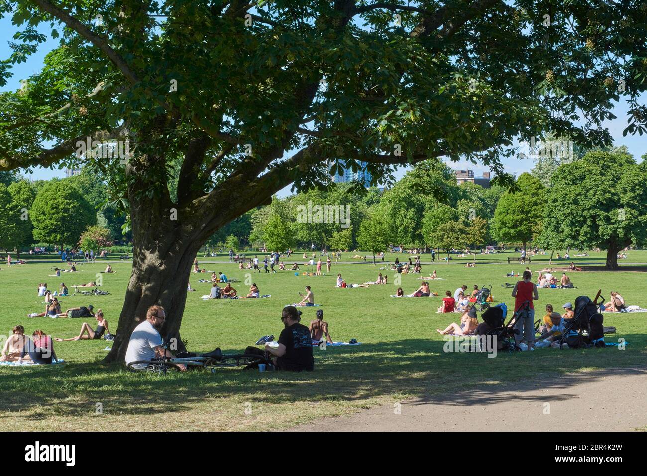 Multitudes en el parque Clisvendido, Stoke Newington, Londres, Reino Unido, durante el cierre, en un día caluroso el 20 de mayo de 2020 Foto de stock