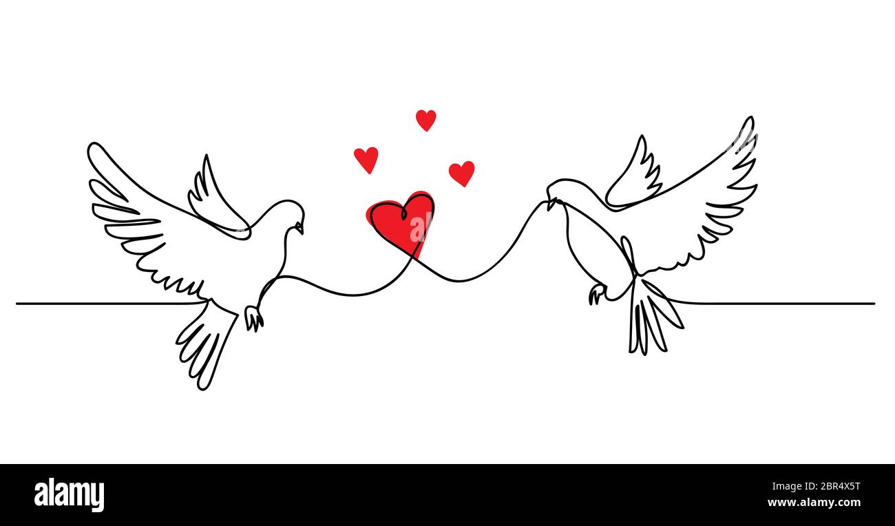 Paloma, paloma pareja con corazón. Concepto de amor, vector simplicidad. Una línea continua de dibujo banner con en amor palomas Ilustración del Vector