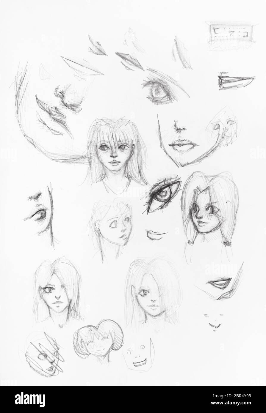 Bocetos de rostros femeninos dibujados a mano en Lápiz negro sobre papel  blanco Fotografía de stock - Alamy
