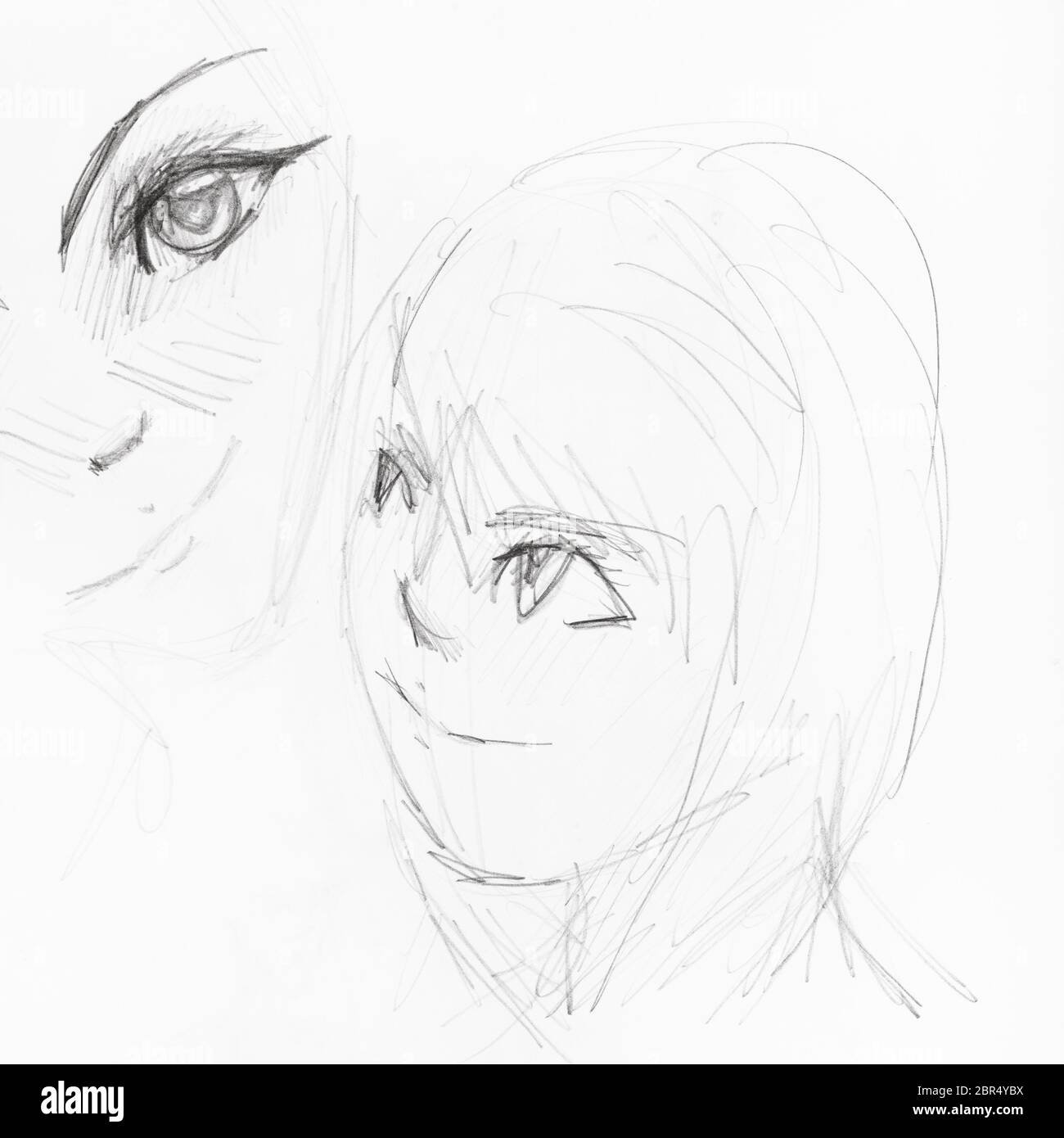 Bocetos de los rostros de la niña en estilo anime dibujado a mano con lápiz  negro sobre papel blanco Fotografía de stock - Alamy