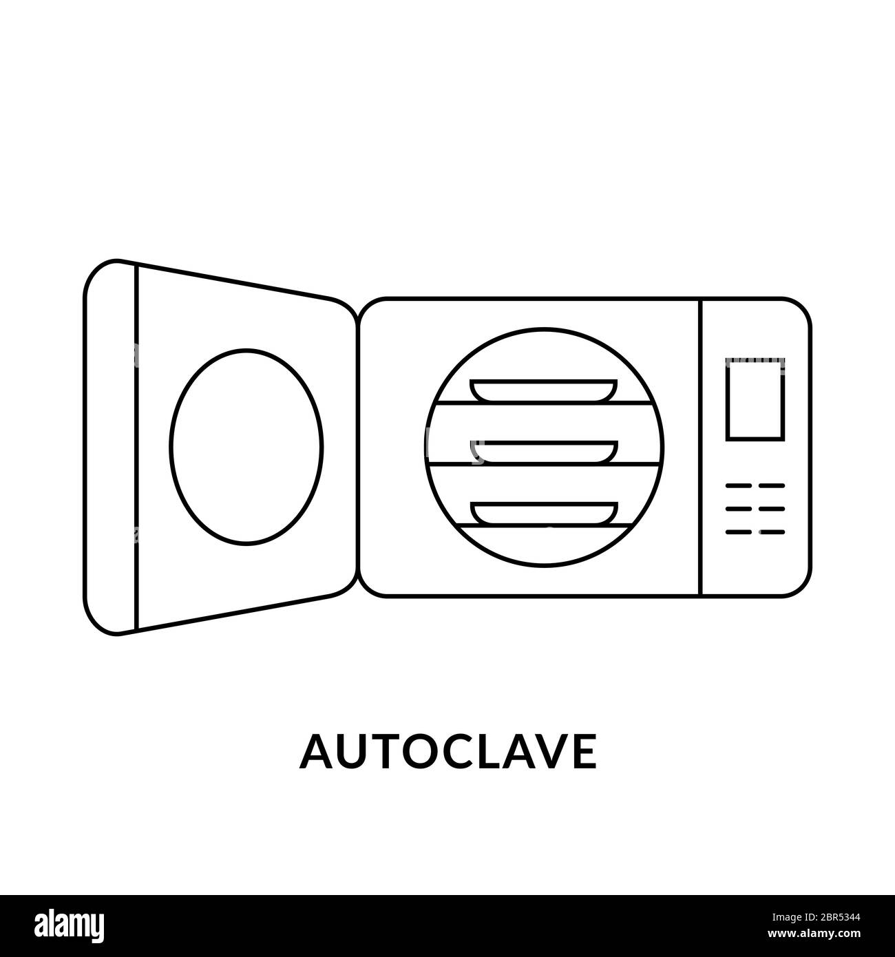 Icono de línea de autoclave. Esterilizador a vapor con puerta abierta