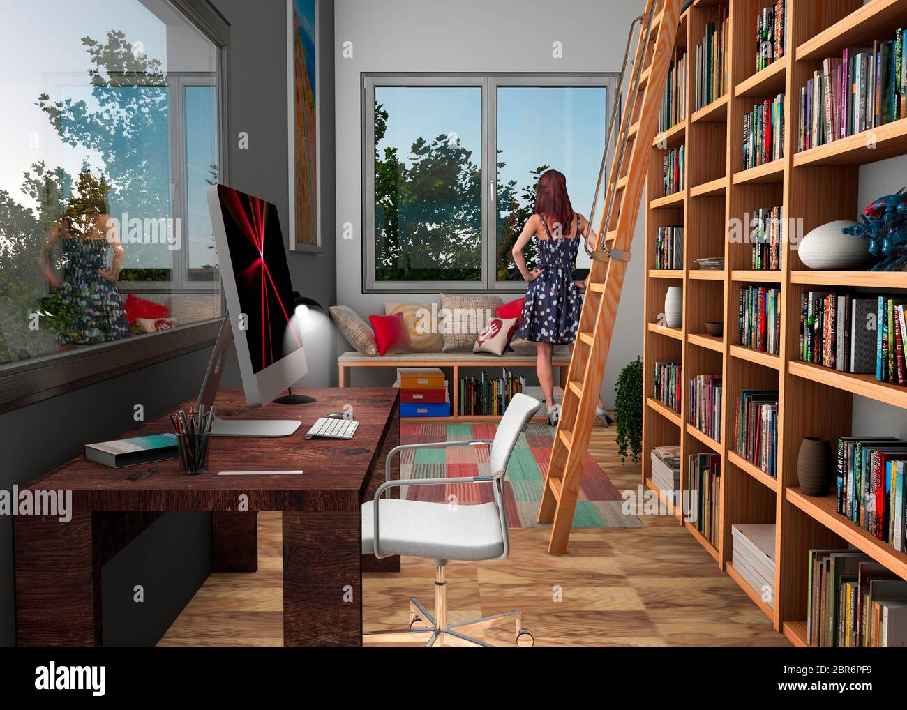 Diseño interior, estudio con grande y Muebles de diseño. Escalera para biblioteca, libros y rincón de computadora. renderización 3d de stock - Alamy