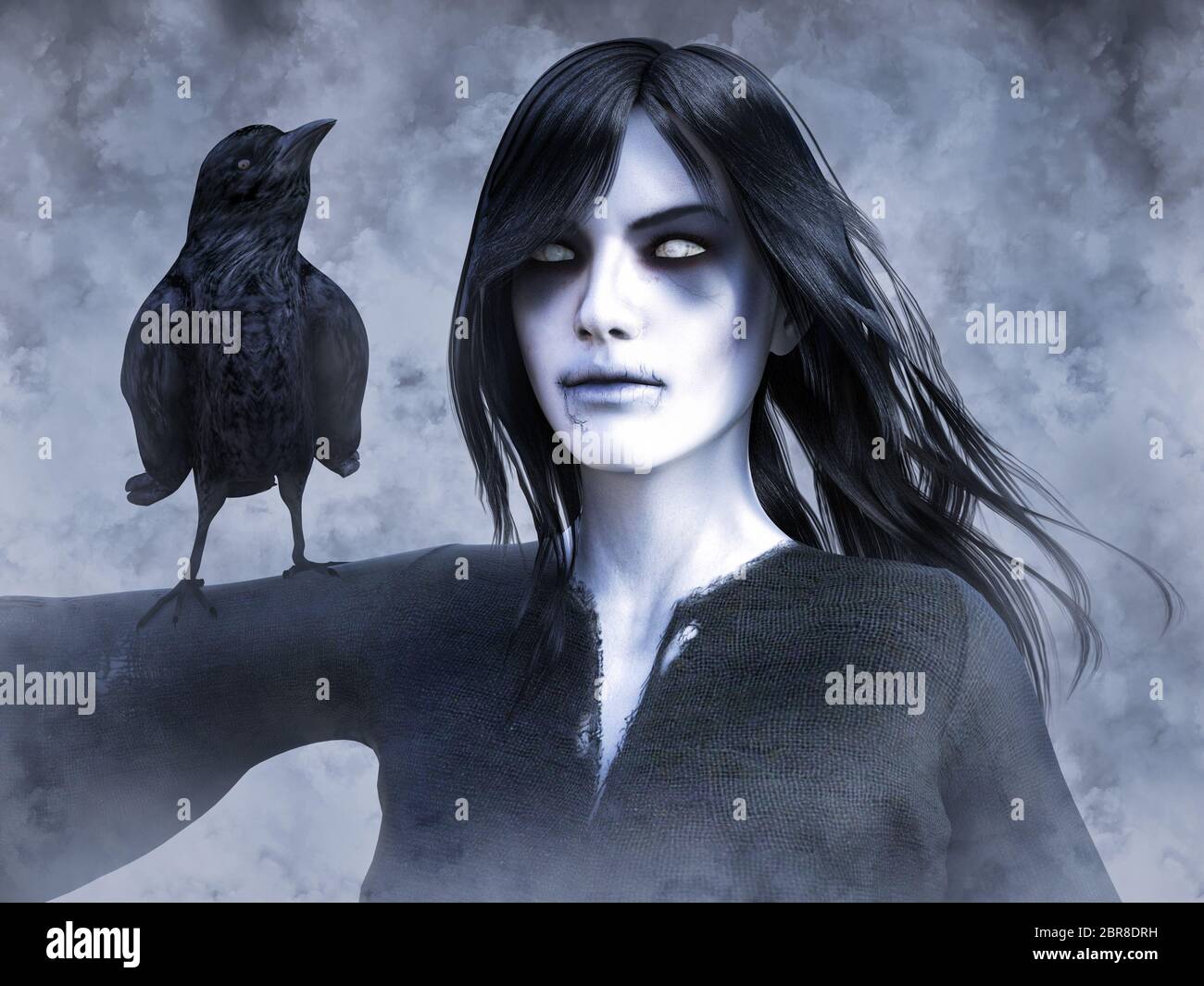 Representación 3D de una mujer fantasma muerto wraith con un cuervo negro en su brazo. Fondo de humo o niebla. Foto de stock