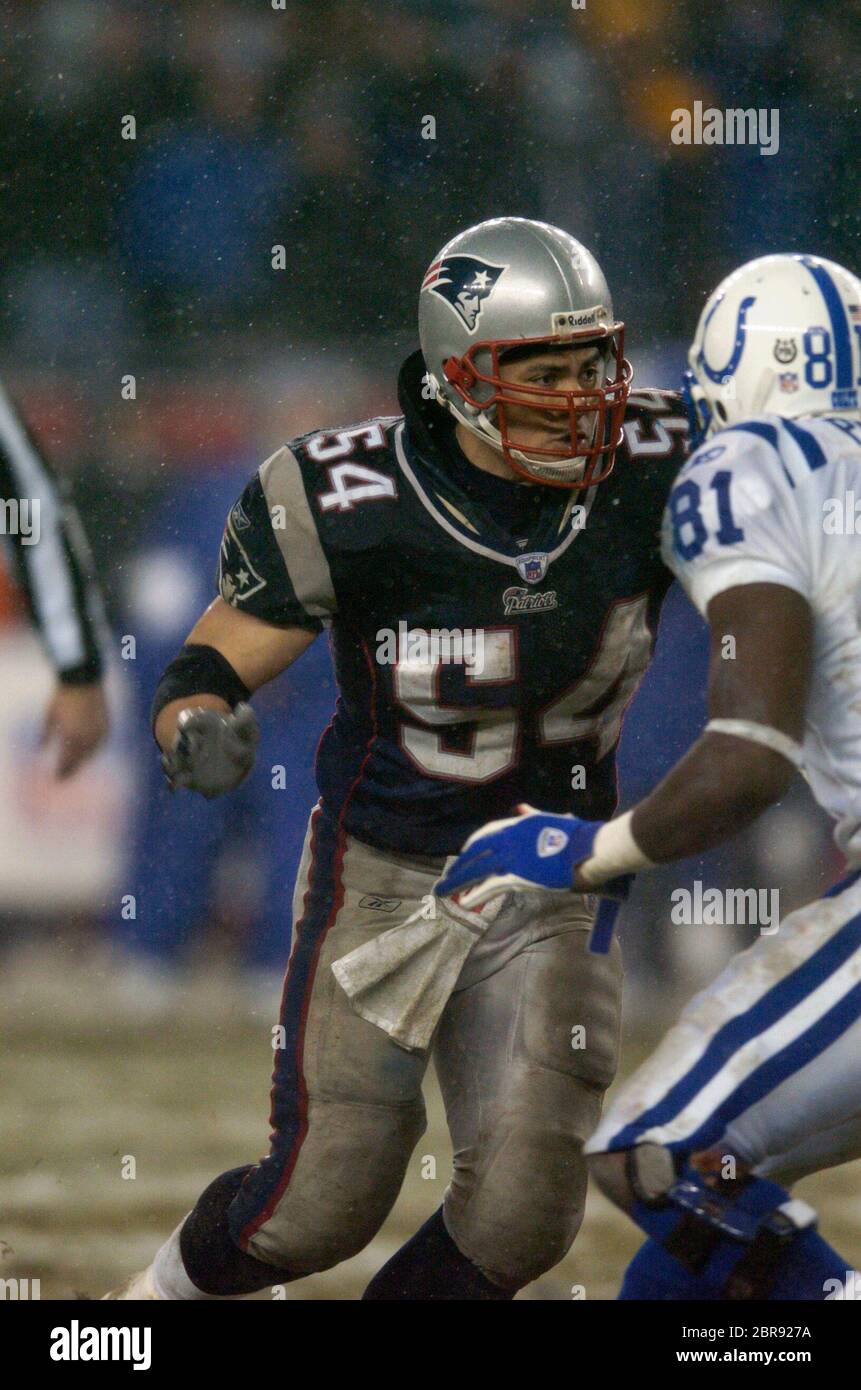 Tedy Bruschi of the New England Patriots celebrates as time winds down in  Superbowl XXXIX in Jacksonville, Florida on February 6, 2005. (UPI  Photo/John Angelillo Stock Photo - Alamy