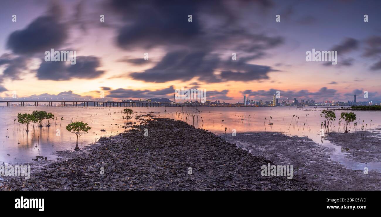 Horizonte de Shekou, Shenzhen y el puente de la bahía de Shenzhen desde Lau Fau Shan al atardecer, Hong Kong Foto de stock