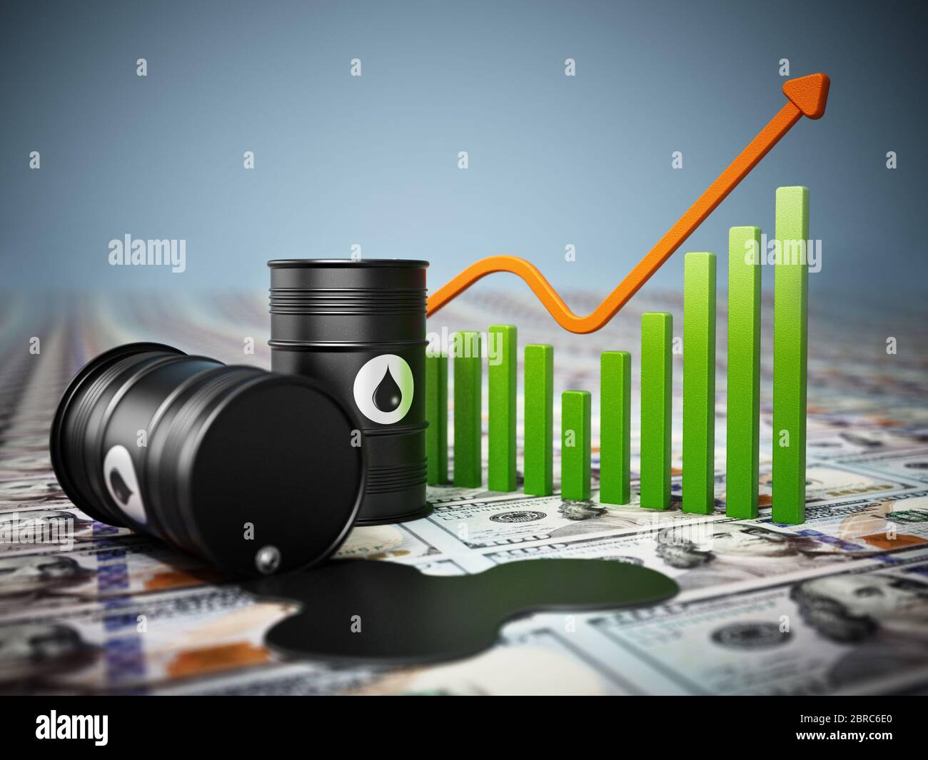 Barriles de petróleo sobre fondo dólar. Concepto de aumento de los precios del petróleo. Ilustración 3D. Foto de stock