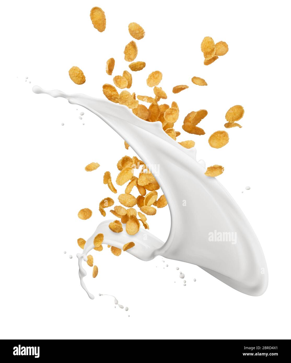 copos de maíz con salpicadura de leche retorcida aislados en blanco Foto de stock