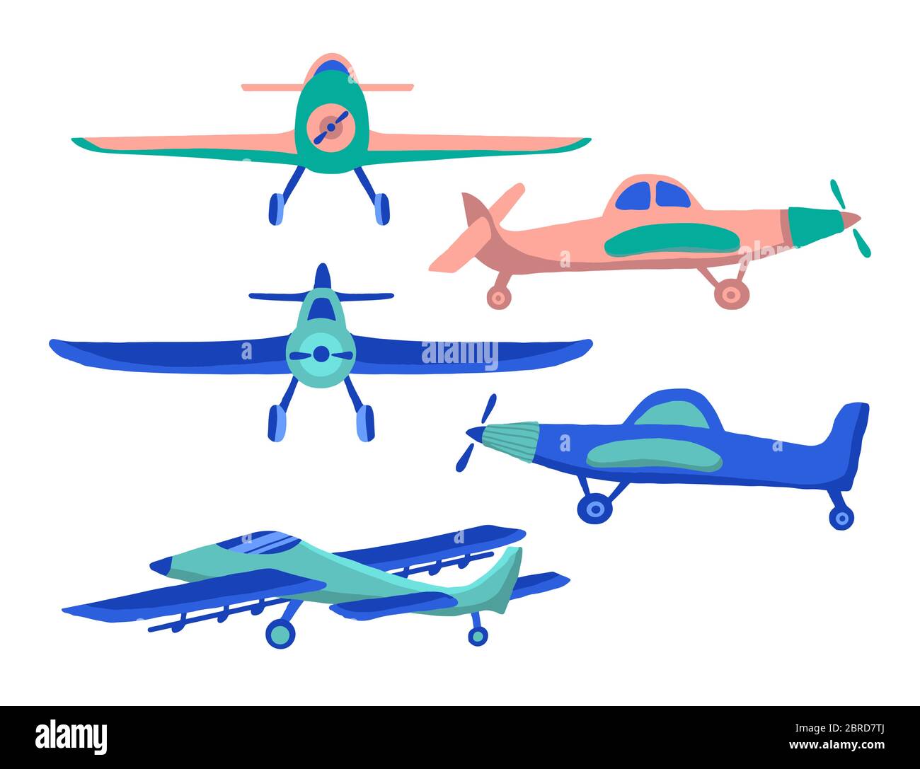 Establecer el avión en dibujos animados de estilo dibujado a mano aislado  sobre fondo blanco. Conjunto de iconos de vectores de aviones agrícolas  para niños jugando, diseño web, imprimir o Imagen Vector