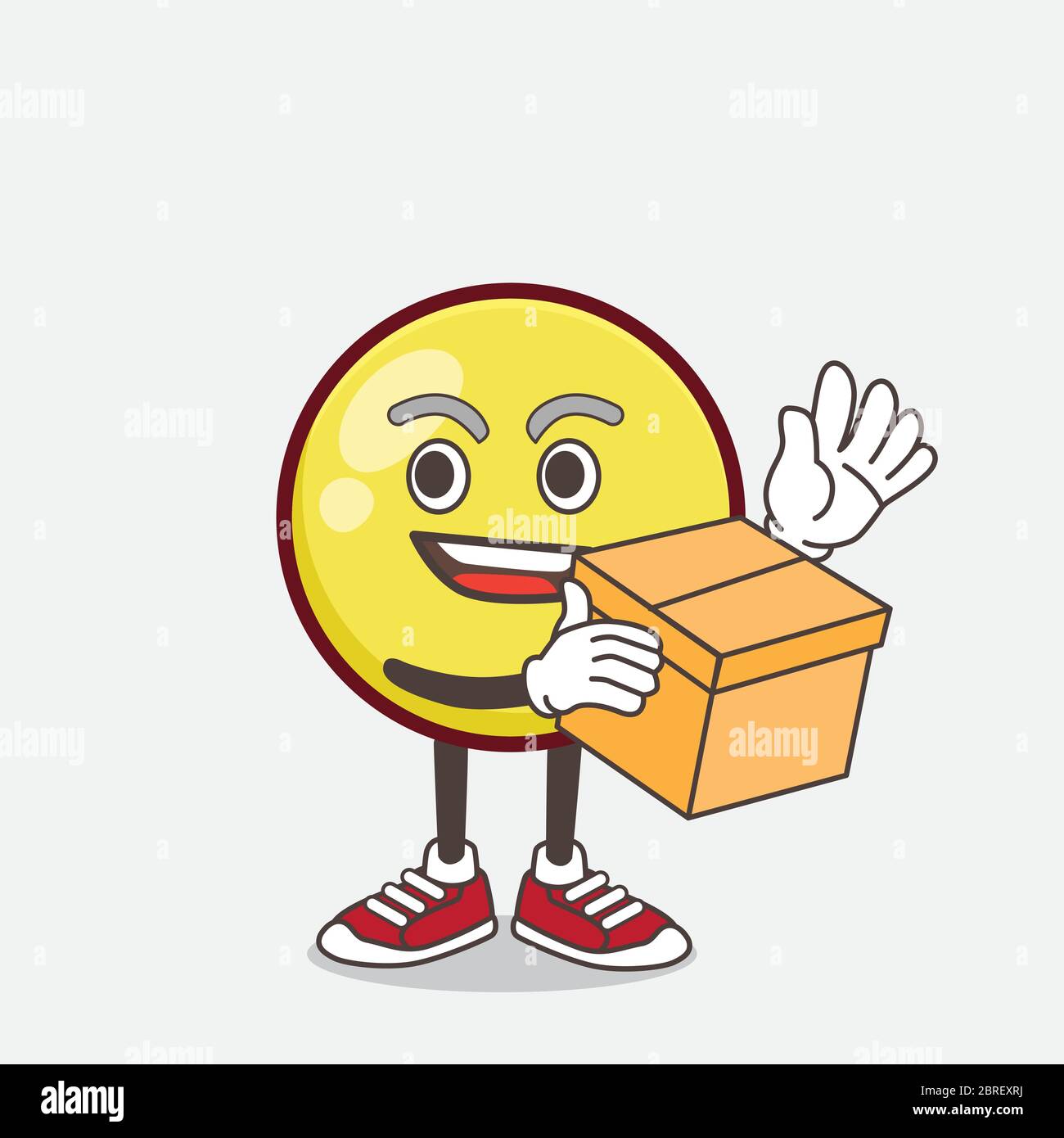 Una ilustración de la pelota amarilla Emoticon personaje mascota de dibujos  animados sosteniendo una caja Imagen Vector de stock - Alamy