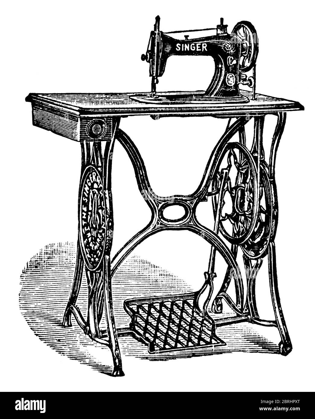 Nuevo modelo familiar de máquina de coser Singer. Ilustración del siglo 19.  Fondo blanco Fotografía de stock - Alamy