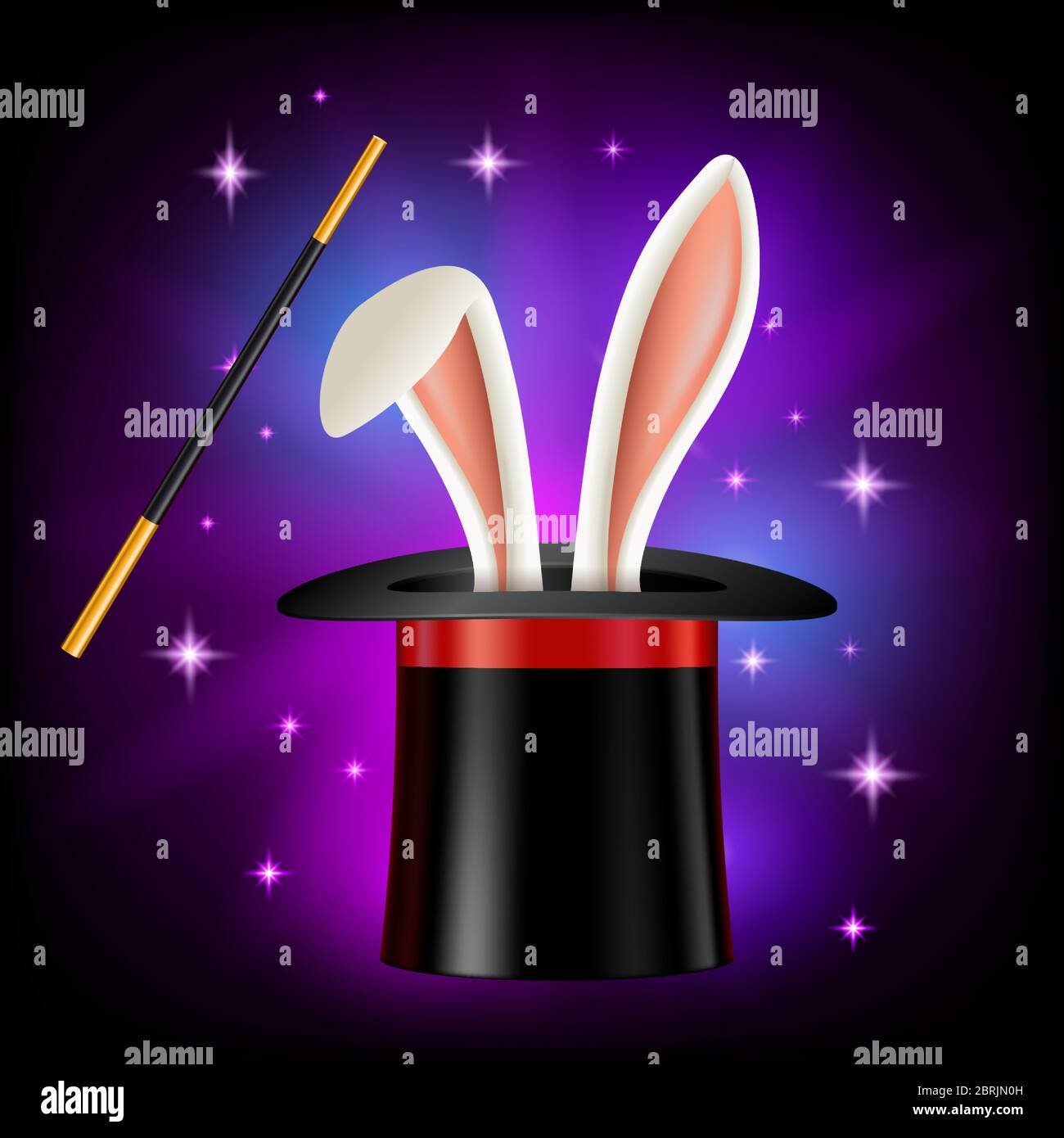 Sombrero con orejas de conejo y varita mágica sobre fondo negro. Objetos magos o ilusionistas, ilustración vectorial en estilo plano. Video juego, aplicación móvil Ilustración del Vector