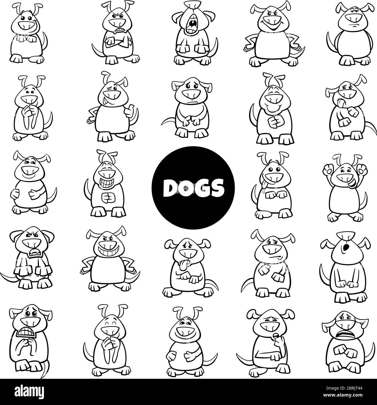 Dibujos animados en blanco y negro Ilustración de los personajes de perro emociones y Moods Big Set Ilustración del Vector