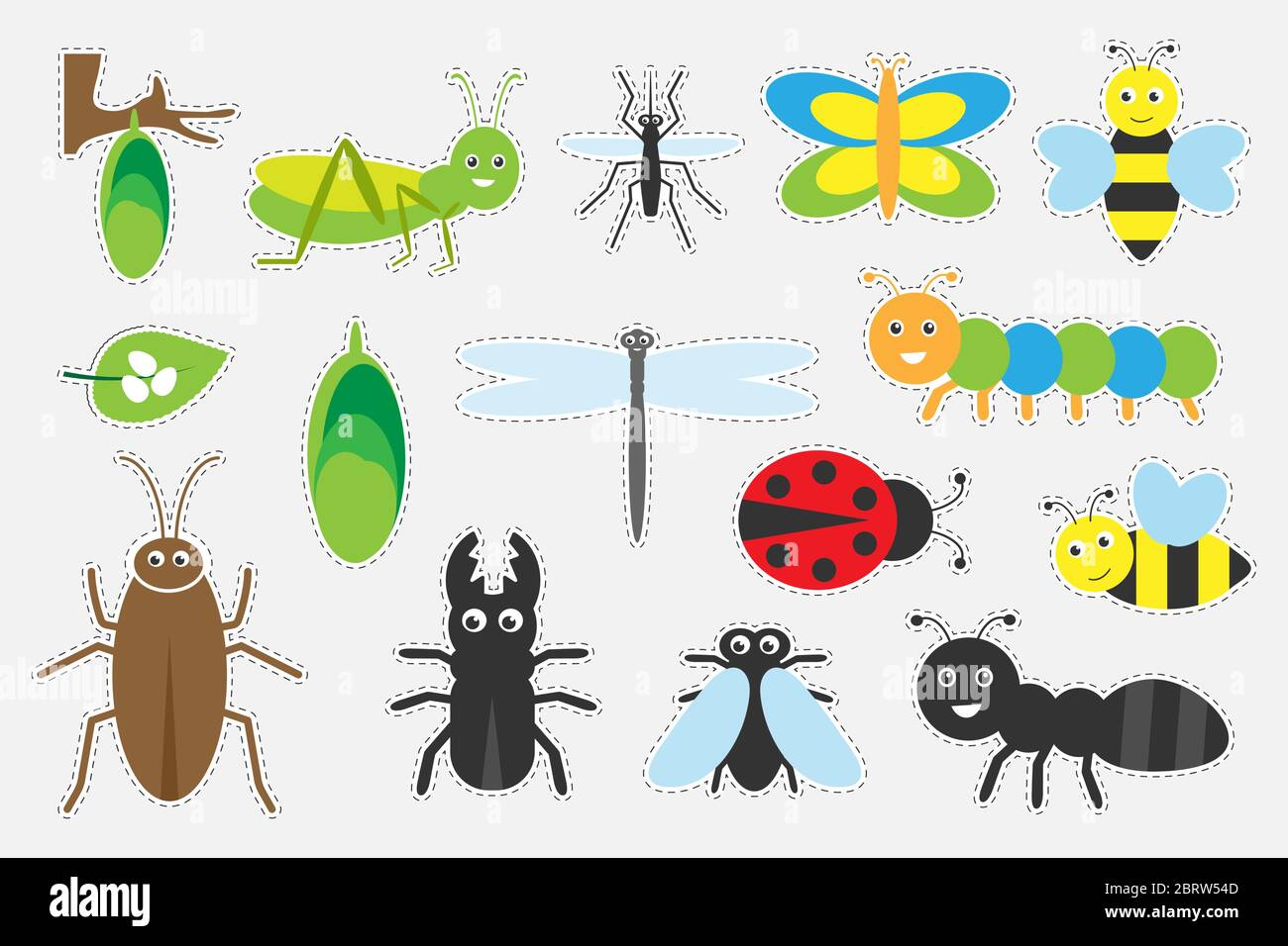 Diferentes dibujos de insectos coloridos para niños, juego de educación  divertido para niños, actividad preescolar, juego de pegatinas, ilustración  vectorial Imagen Vector de stock - Alamy