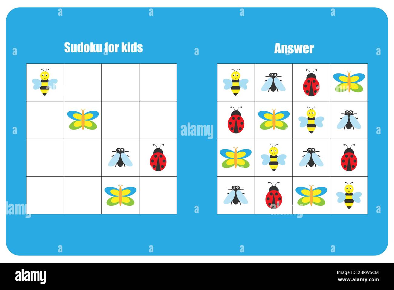 Juego Sudoku con insectos para niños, nivel juego para educación la actividad de la hoja de cálculo, una tarea para el desarrollo del pensamiento lógico Imagen Vector de