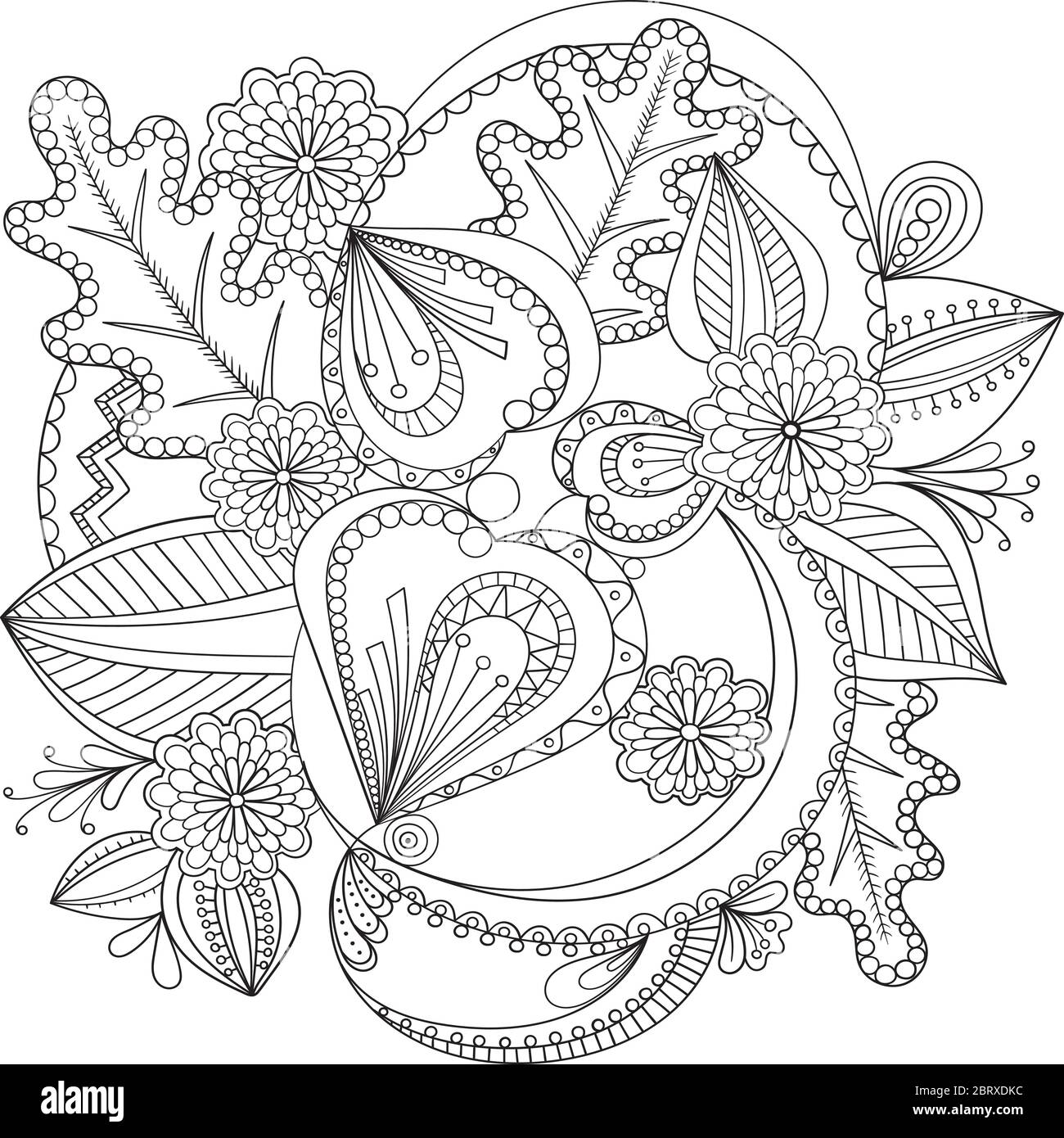 Flores decorativas de fideos en blanco y negro para colorear libro