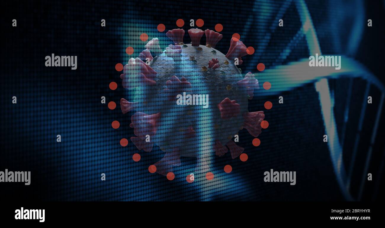 Pantalla científica con covidor19 coronavirus con cepa de ADN Foto de stock