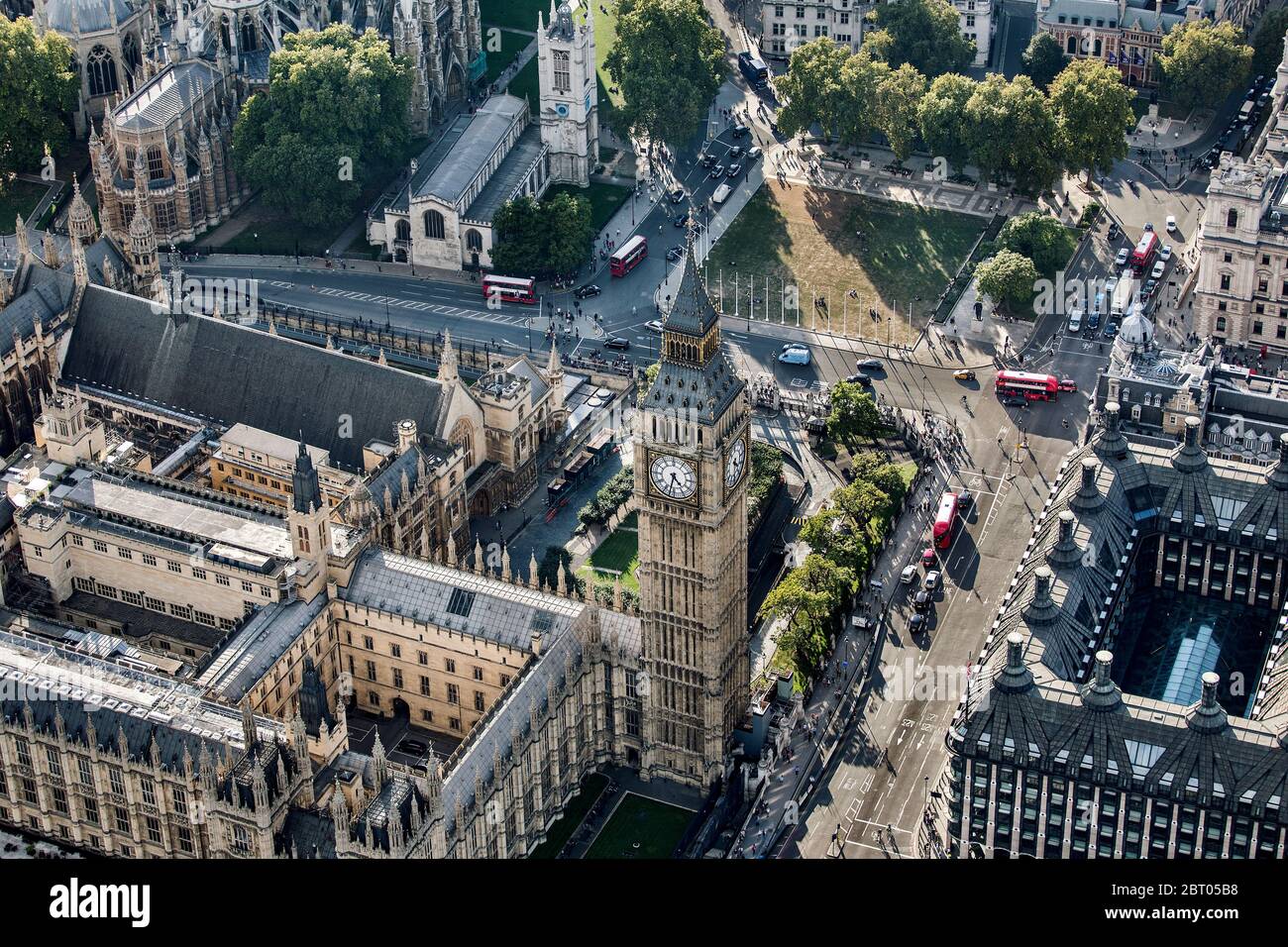 Vista aérea del Big Ben y la Plaza del Parlamento en Londres, las Casas del Parlamento. Foto de stock