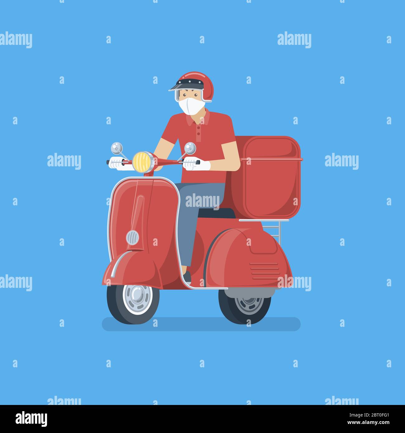 Hombre de entrega con máscara médica, guantes de goma, uniforme y casco de conducción scooter retro rojo con caja en estilo de dibujos animados planos para sin contacto del Ilustración del Vector