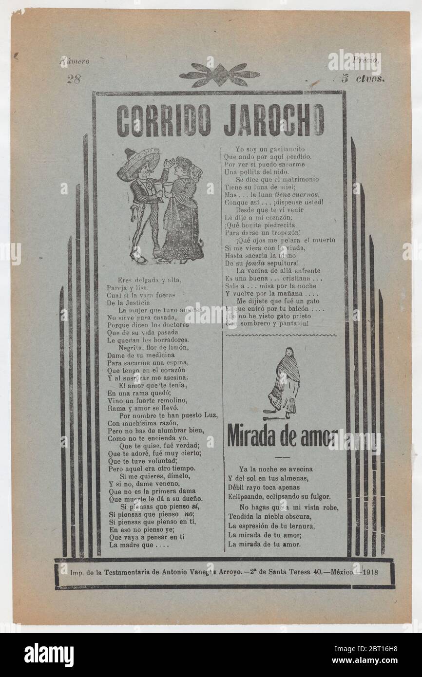 guisante aficionado Patético Broadside con dos baladas de amor (corridos), figuras bailando arriba a la  izquierda y una mujer con un chal y falda abajo a la derecha, ca. 1918  (publicado Fotografía de stock - Alamy