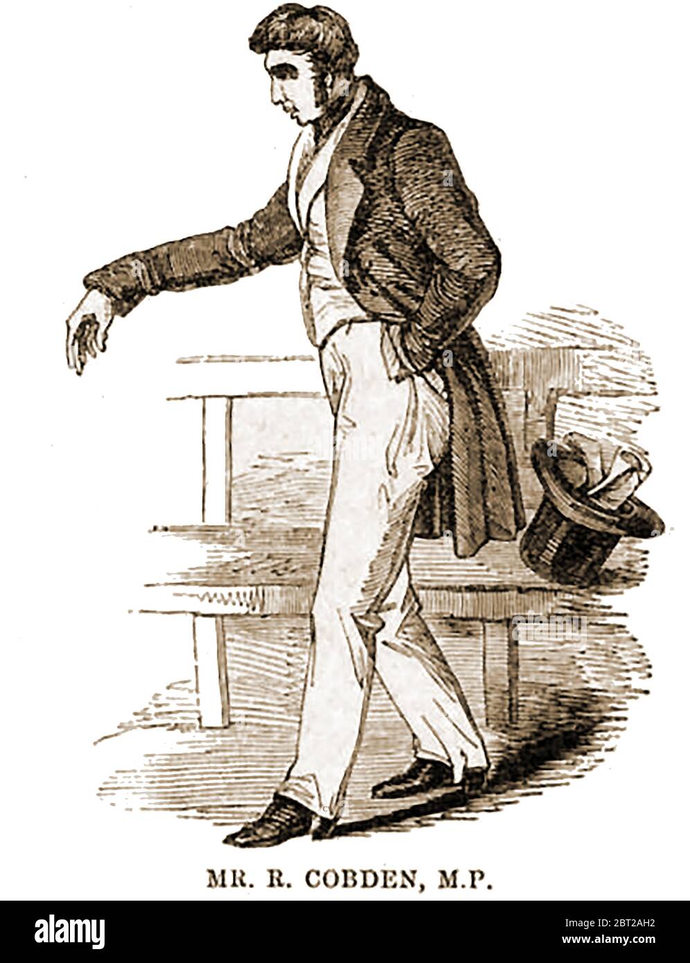 Un retrato completo de 1842 del M.P. (diputado al Parlamento) Richard Cobden (1804-1865). Fue un fabricante de telas calicas inglés y político liberal radical que se asoció con dos grandes campañas de libre comercio, la Liga de leyes contra el maíz y el Tratado de Cobden-Chevalier. En 1838, él y John Bright fundaron la Liga de leyes contra el maíz, con el objetivo de abolir las impopulares leyes sobre el maíz. También escribió bajo el nombre de pluma Libra. Durante una gira radical en el extranjero durante la década de 1840 fue bien recibido en Francia, España, Italia, Alemania y Rusia y continuó con su carrera política de promoción de la paz. Foto de stock