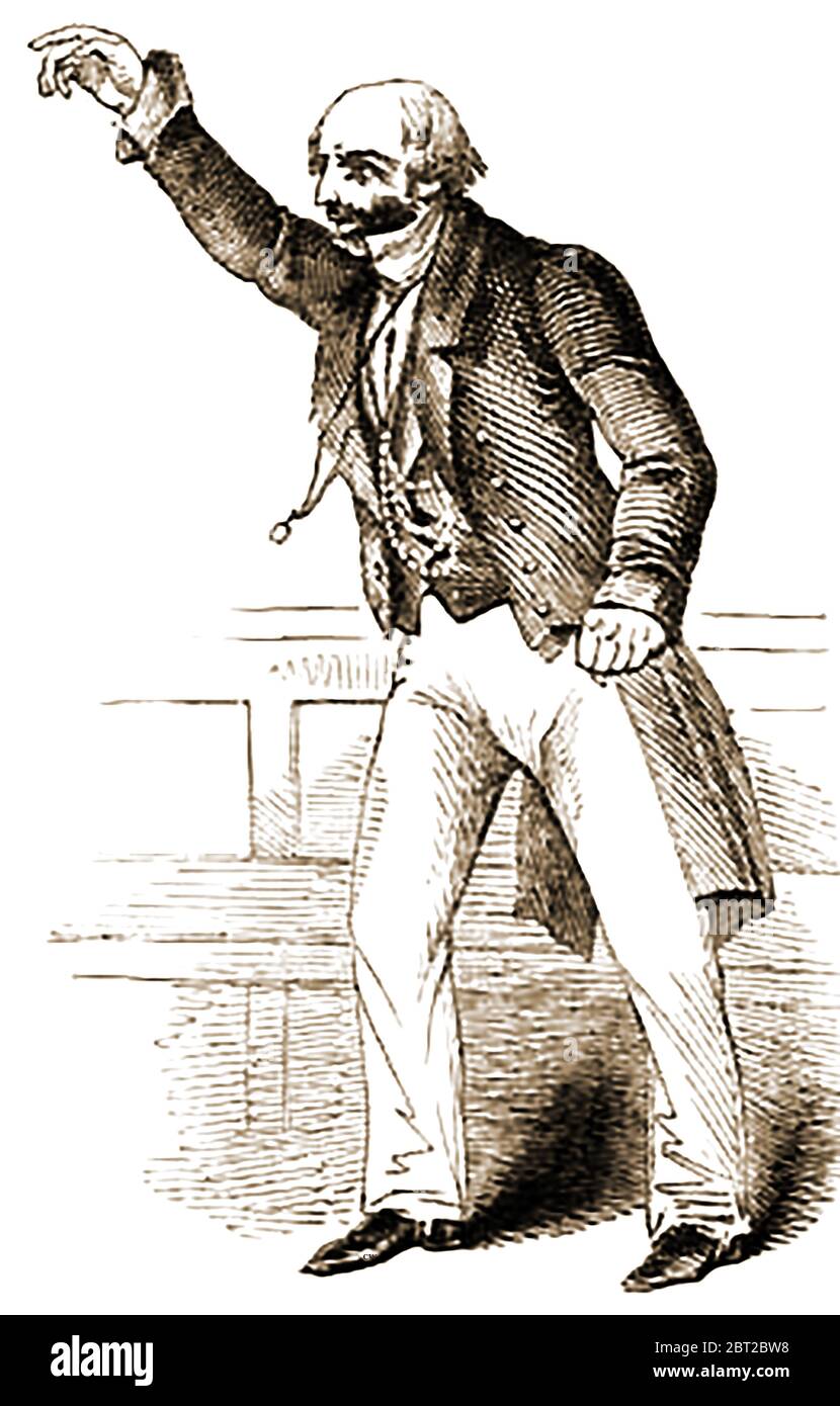 Un retrato completo de 1842 del Coronel Sibthorpe, diputado británico (diputado al Parlamento) - Charles de Laet Waldo Sibthorp ( 1783 – 1855), fue popularmente conocido como Coronel Sibthorp, y fue a menudo un miembro caricaturizado del gentry británico. Político británico Ultra-Tory y miembro del Parlamento de Lincoln, sirvió en los escoceses grises, los guardias Dragoon y como teniente-coronel de la milicia Real de Lincolnshire del Sur. Excéntrica y contundente, desconfió a todos los extranjeros y ofendió a la reina Victoria con sus sospechas públicas sobre el príncipe Alberto, así como descontando los ferrocarriles como una moda de paso. Foto de stock