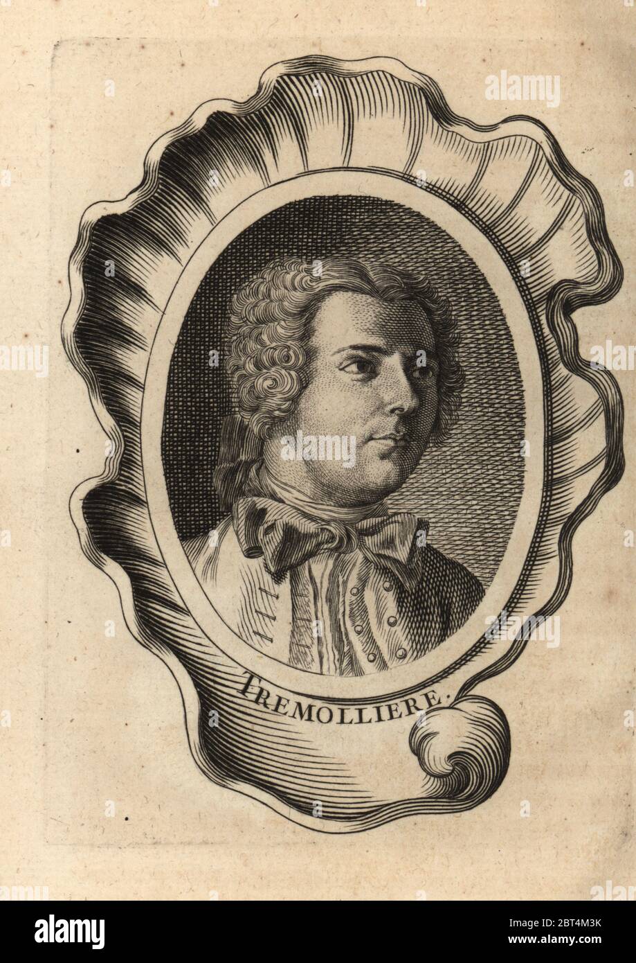 Retrato de Pierre Charles Tremolieres, pintor francés 1703-1739. Tremolliere. Grabado de Copperplate de Antoine-Joseph Dezallier dArgenvilles Abrege de la vie des plus fameux peintres, vidas de los artistas más famosos, de Bure Laine, París, 1762. Foto de stock