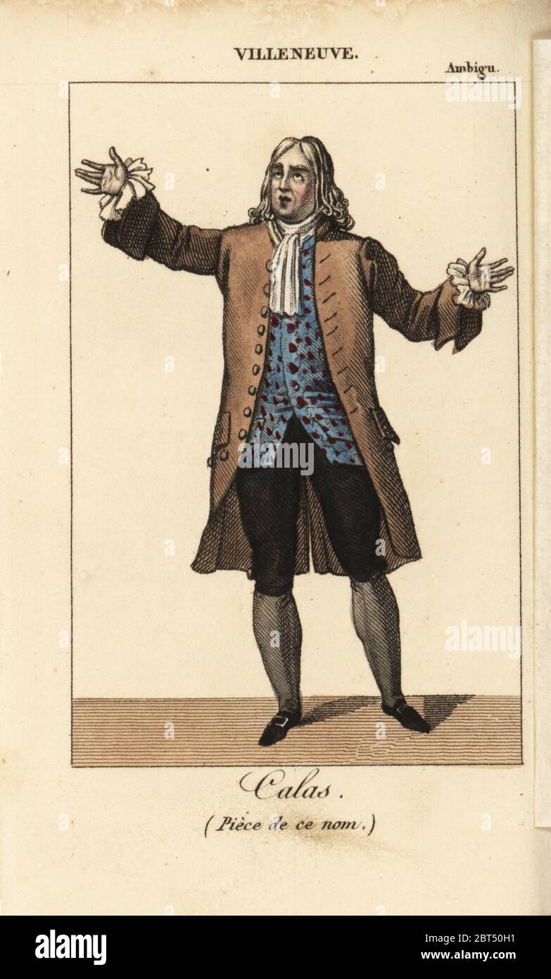 El actor francés Villeneuve como calas, en el juego de calas por Victor Ducange en el Théâtre de l'Ambigu, 1819. Copperplate Handcolored grabado de Charles Malo's Almanach des espectáculos par K. Y. Z, Chez Louis Janet, París, 1821. Foto de stock