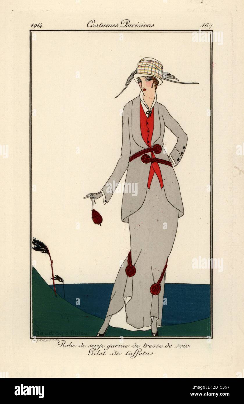 Mujer en vestido serge con trenza de seda, tafetán gilet. Bata de serie  garnie de tresse de soie, Gilet de taffetas. Pochir coloreado (estarcido)  grabado después de una ilustración de Gaudray Danjou
