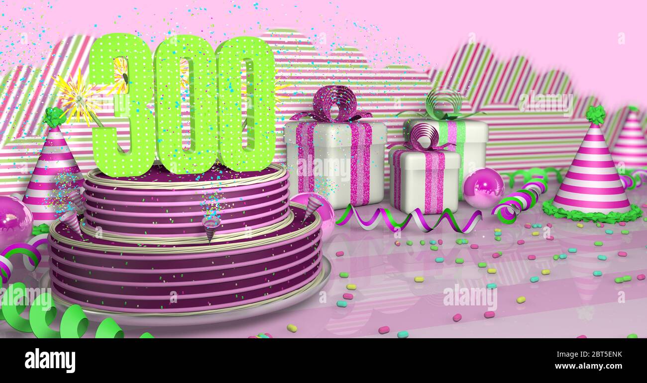 Pastel de cumpleaños de 300 redondo púrpura decorado con chispas coloridas y líneas rosadas en una mesa brillante con streamers verdes, sombreros de fiesta y cajas de regalo con pi Foto de stock