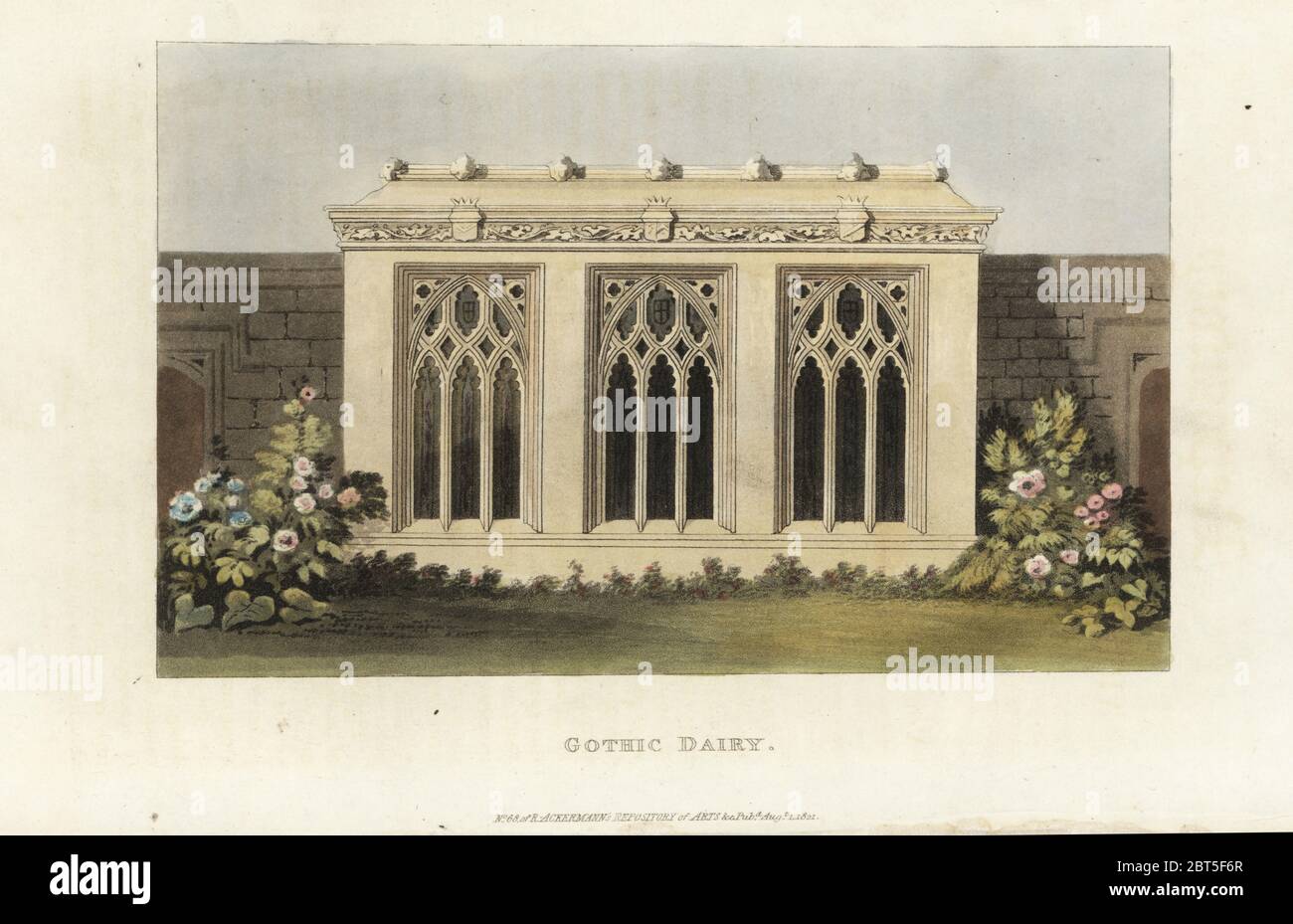 Diseño de una lechería gótica para una casa solariega. Grabado de copperplate de color a mano del repositorio de Artes de Rudolph Ackermanns, Londres, 1821. Foto de stock