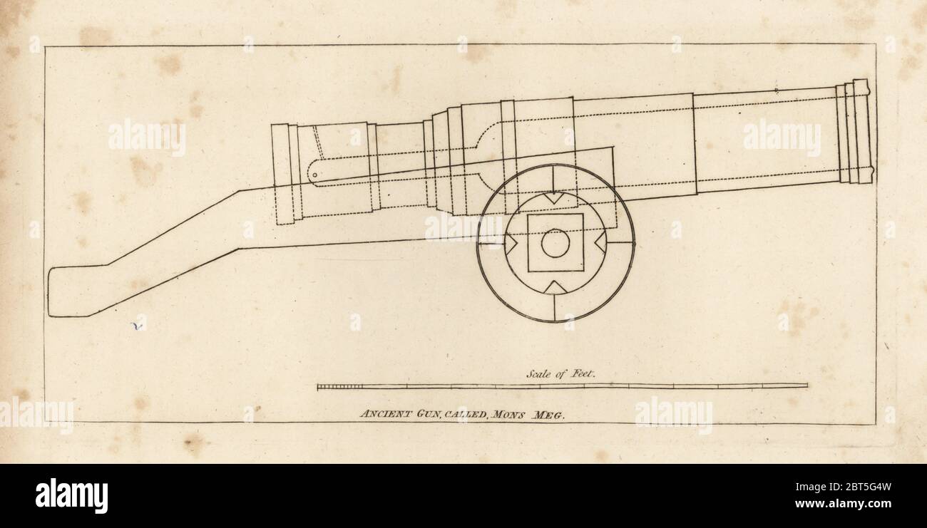 Bombardear antiguas o pistola llamado Mons Meg. Copperplate grabado de