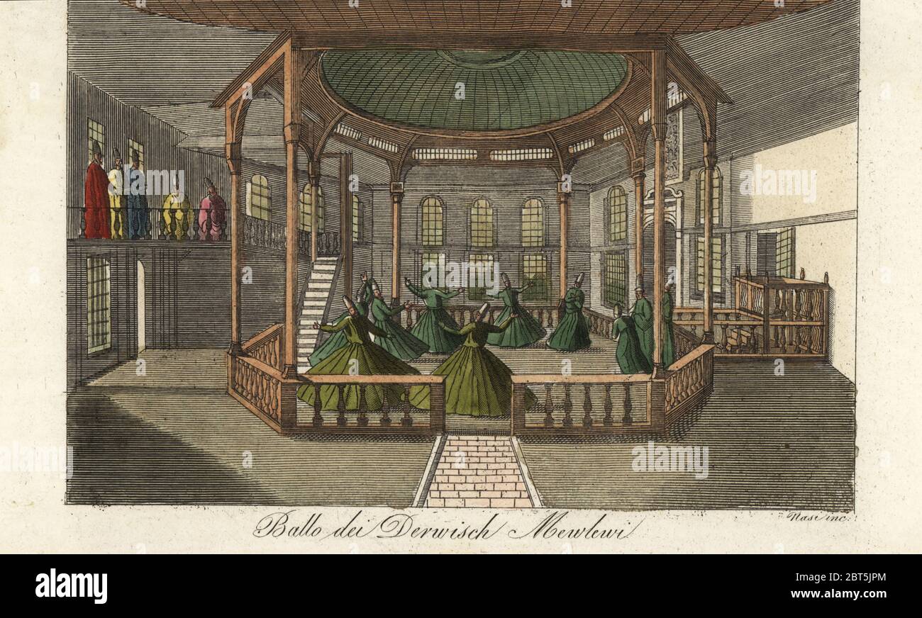 Danza de los derviches de Mawlawi Tawagozi. Sufi Dervices bailan en un círculo con el acompañamiento de músicos en batería, salterio y sirum. Ballo dei Dervisch Mewlewi. Grabado de copperplate a mano de Nasi después de Giulio Ferrario en sus trajes Antiguo y moderno de los Pueblos del Mundo, Il Costume Antico e Modern o Story, Florencia, 1842. Copiado de Ignace Mouradgea dOhssons Tableau General de Lempire Othoman, París, 1790. Foto de stock