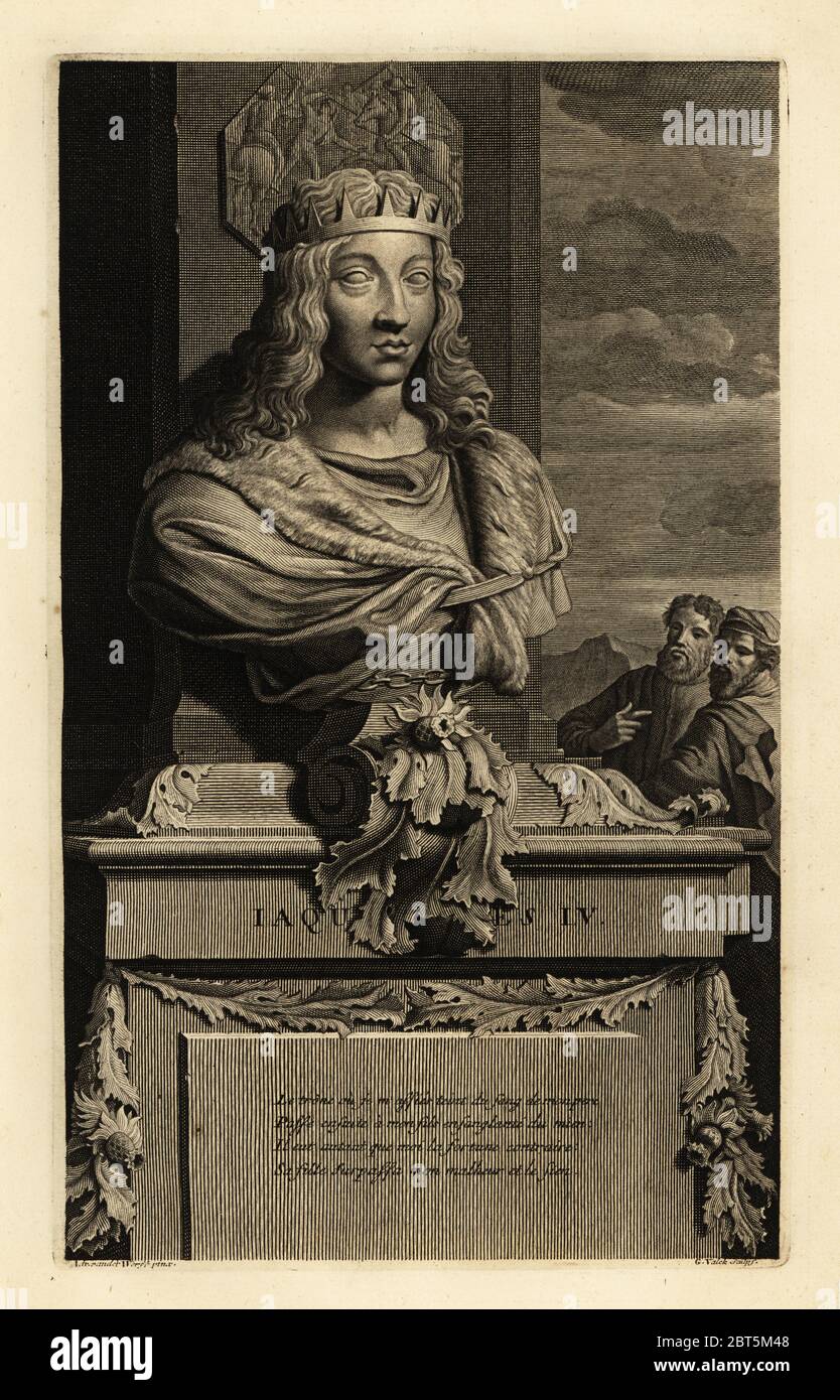 Retrato de un busto del rey James IV de Escocia en corona/ Jacques IV Grabado de Copperplate por Gerard Valck después de Adriaen van der Werff de Histoire dAngleterre, dEcose et dIrlande, Amsterdam, alrededor de 1700. Foto de stock