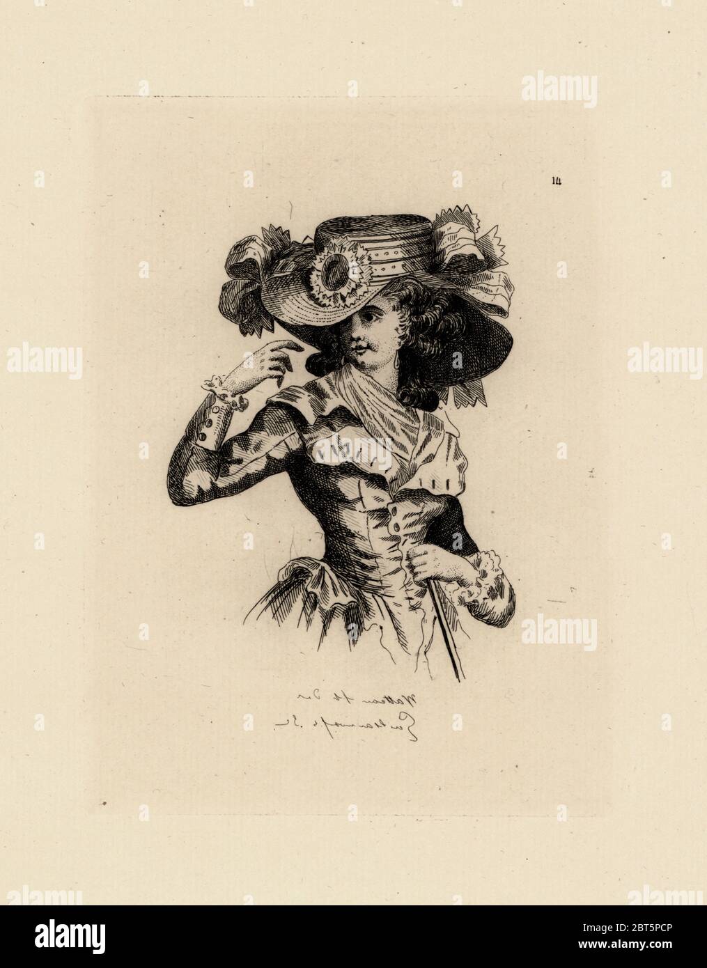 Mujer con sombrero de paja, la moda era de Marie Antoinette. Copperplate  aguafuerte por Auguste Etienne Guillaumot desde el vestuario et coiffures  du XVIIIe siecle, trajes y peinados del siglo XVIII, Cagnon,