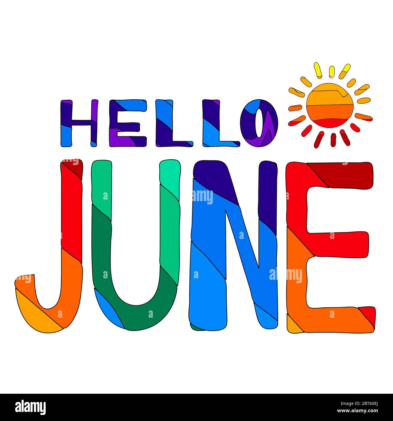 Hola junio - divertido dibujo animado de color inscripción. Ambiente de  verano Imagen Vector de stock - Alamy