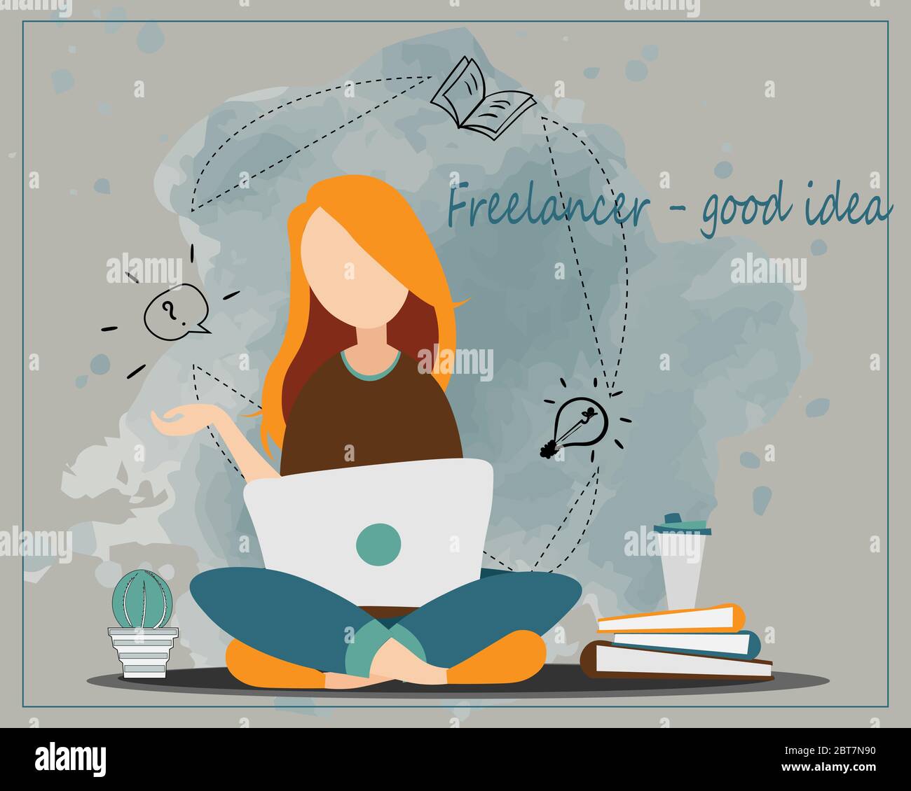 Joven Mujer freelancer utilizando equipo portátil sentados en el suelo. Concepto de trabajar en casa. Las hembras jóvenes de blogger. Ilustración del Vector