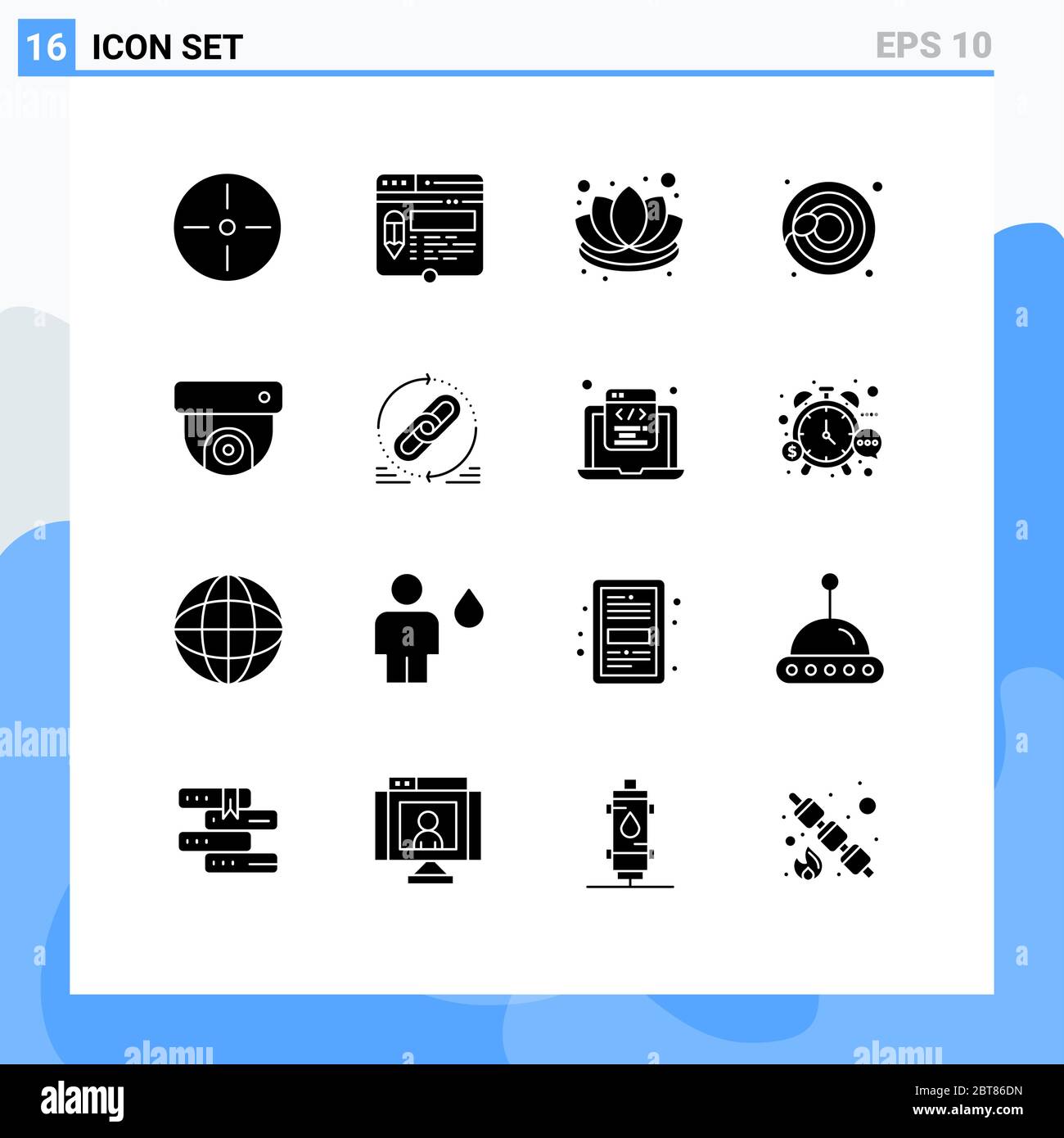 Juego de 16 paquetes de glifos sólidos comerciales para cctv, esperma, lápiz, reproducción, elementos de diseño vectorial editable de lotus Ilustración del Vector