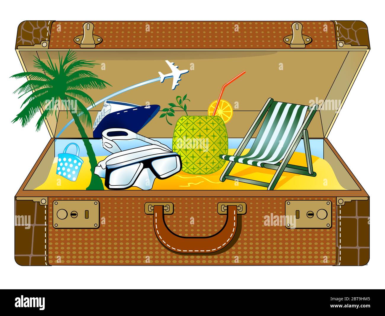 Maleta llena de vacaciones, viaje familiar - ilustración vectorial Ilustración del Vector