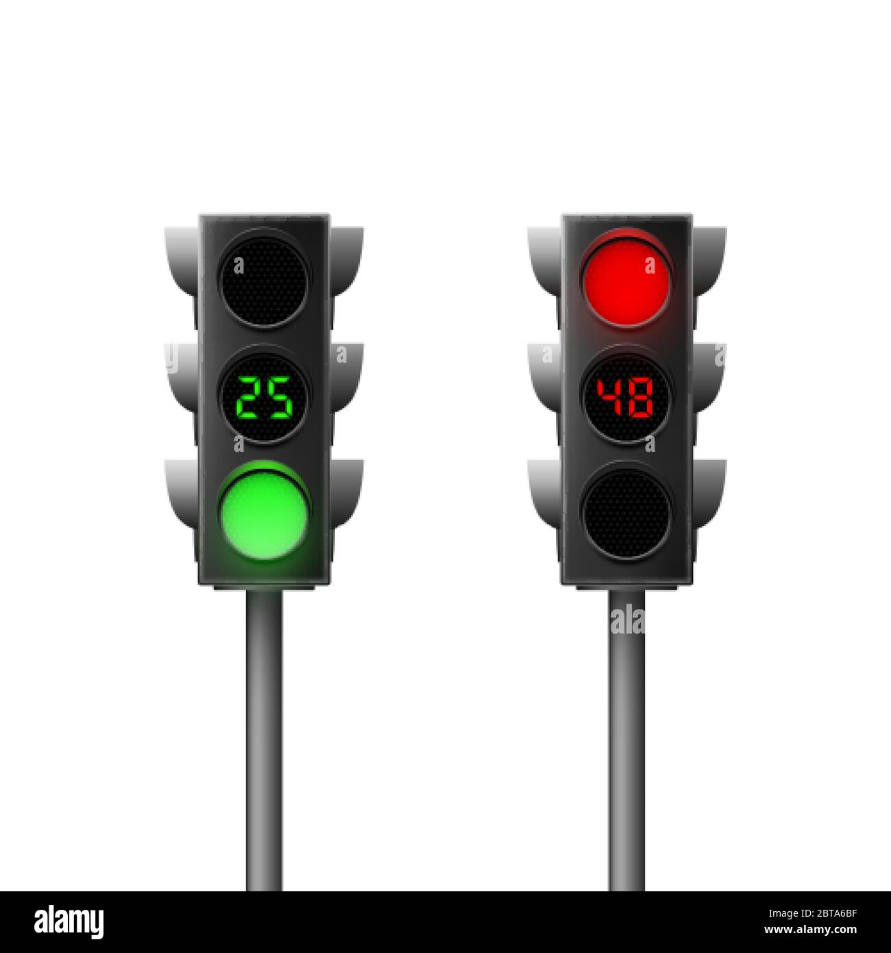 Semáforos realistas en verde y rojo con cuenta atrás. Leyes de tráfico. Ilustración vectorial aislada Ilustración del Vector