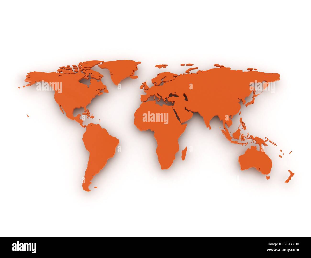 Mapa del mundo naranja con luz y sombra sobre fondo blanco. Ilustración 3D Foto de stock