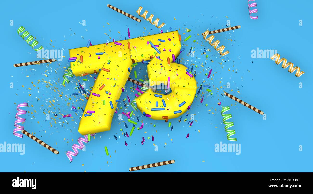 Número 73 para cumpleaños, aniversario o promoción, en letras amarillas gruesas sobre un fondo azul decorado con caramelos, streamers, pajuelas de chocolate y. Foto de stock