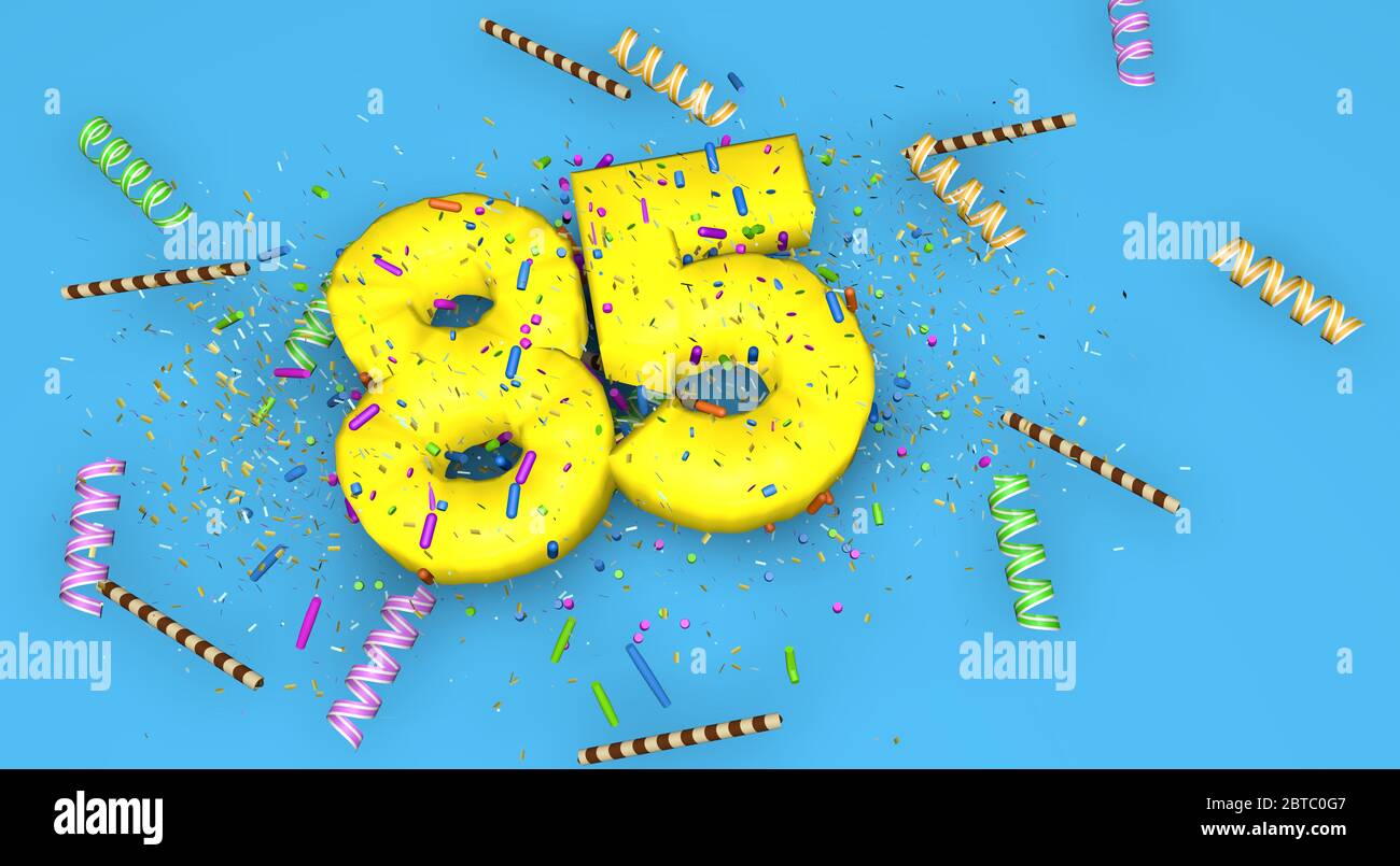 Número 85 para cumpleaños, aniversario o promoción, en letras amarillas gruesas sobre un fondo azul decorado con caramelos, streamers, pajuelas de chocolate y. Foto de stock