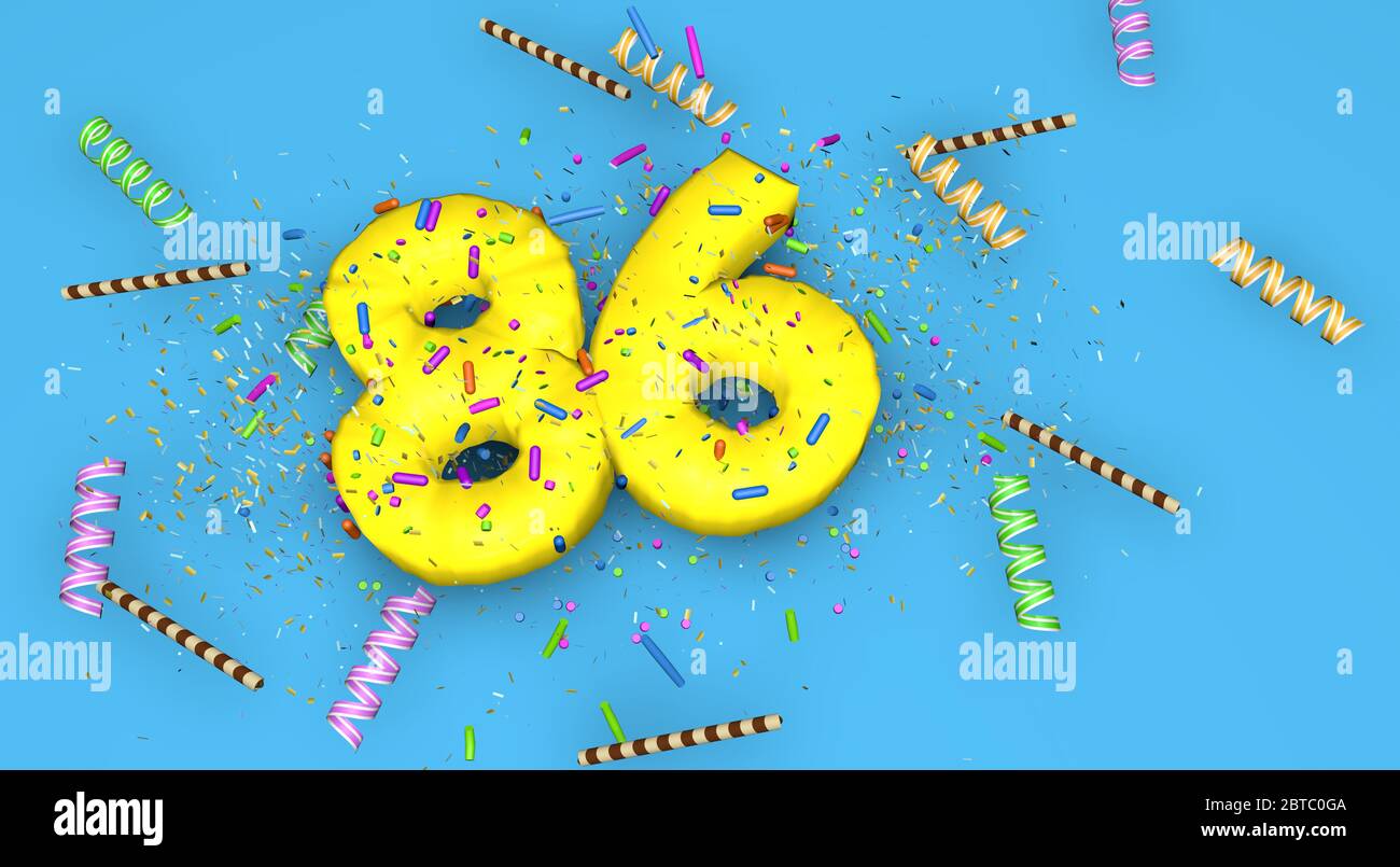 Número 86 para cumpleaños, aniversario o promoción, en letras amarillas gruesas sobre un fondo azul decorado con caramelos, streamers, pajuelas de chocolate y. Foto de stock