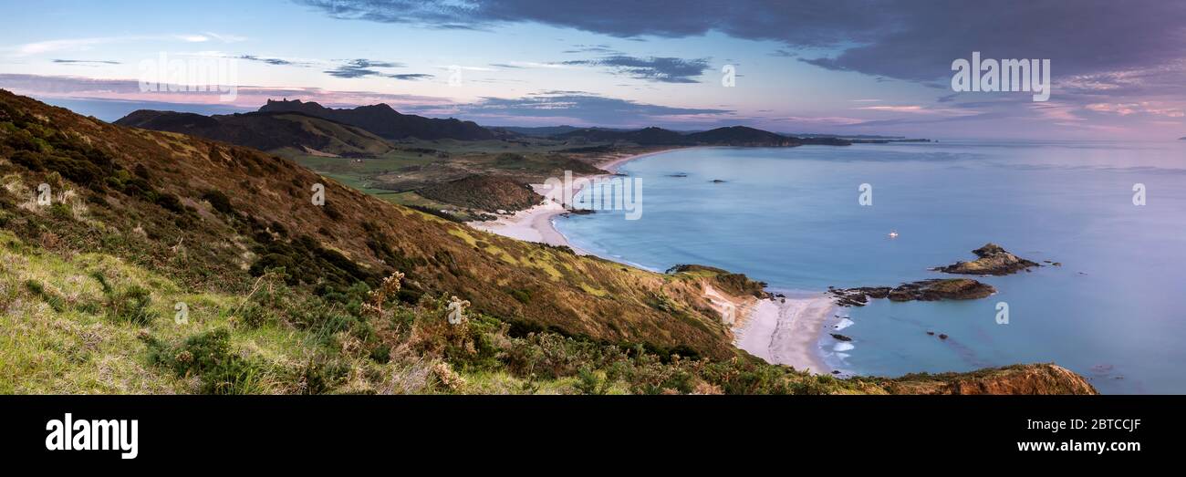 La vista desde Bream Head, a lo largo de Ocean Beach, Nueva Zelanda, noviembre de 2019 Foto de stock