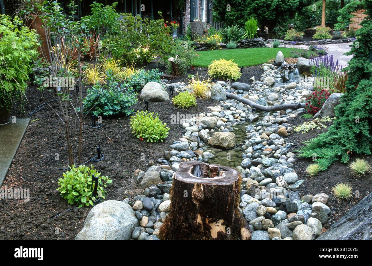 Rock Dry Creek con jardín Foto de stock